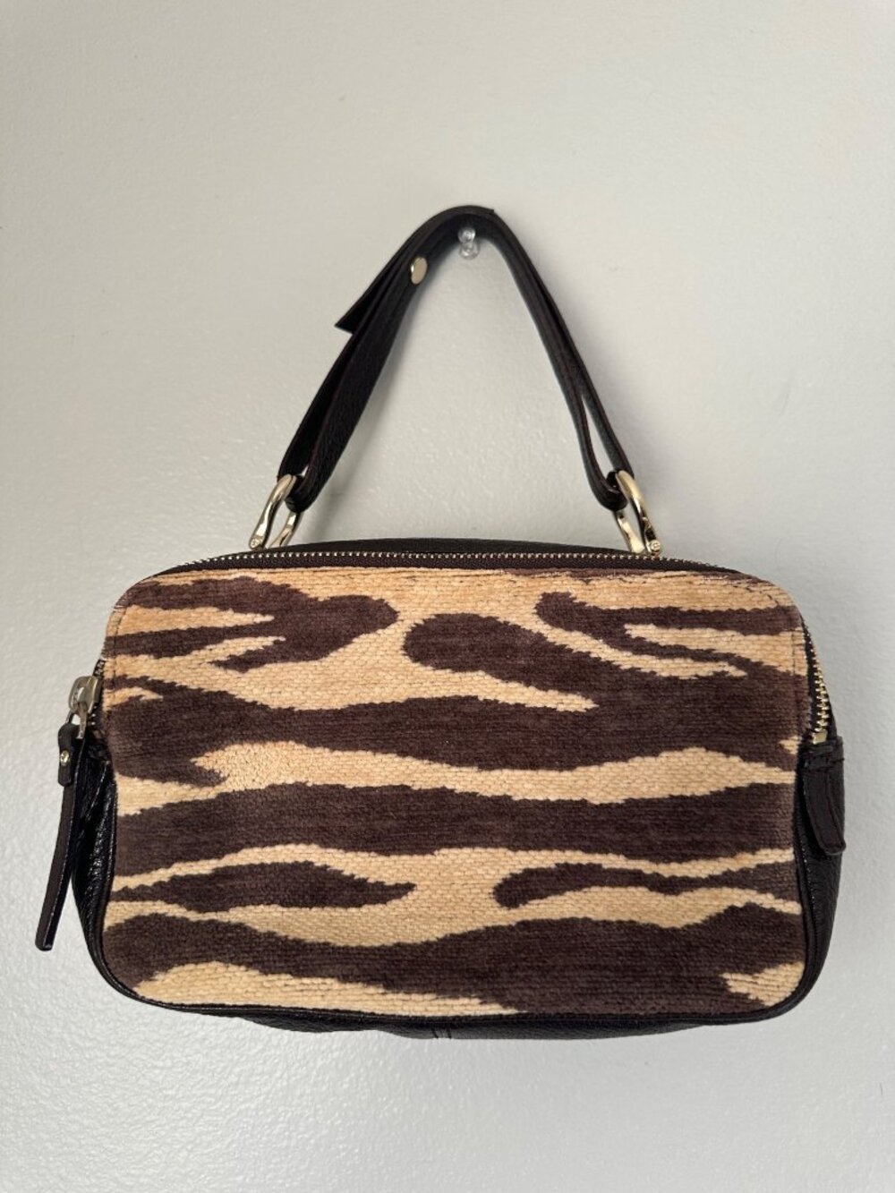 Kate Spade Animal Print Fabric Brown Pebbled Leather Gold Preppy Chic O/S